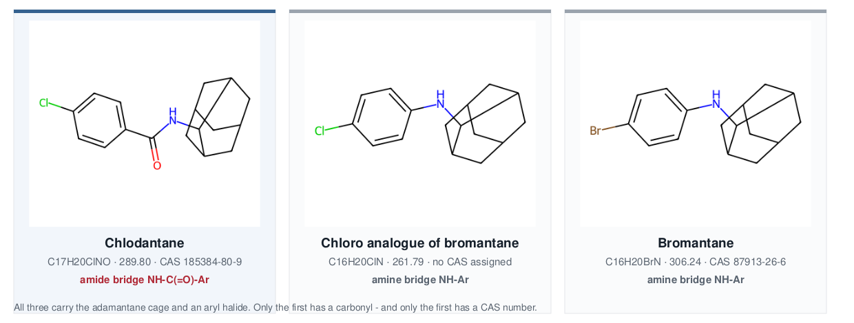 Side-by-side structural comparison of chlodantane, the chloro analogue of bromantane, and bromantane, showing that chlodantane alone carries a carbonyl group forming an amide bridge while the other two have a direct aryl amine bridge