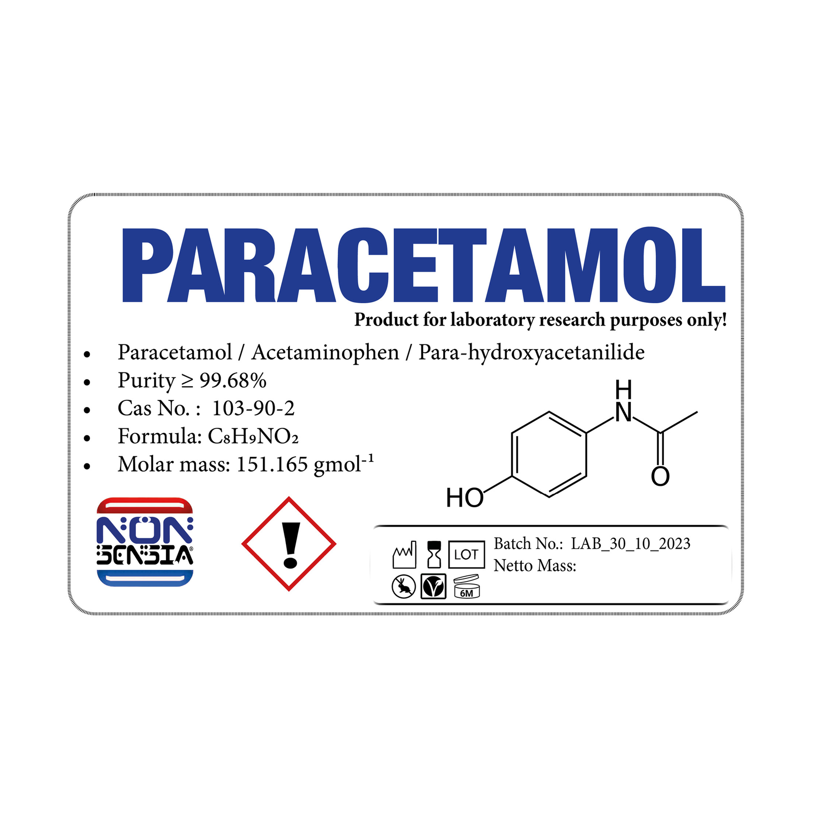 Paracetamol (4-acetamidophenol) CAS 103-90-2 - analytical reference standard, 1000 mg, product label