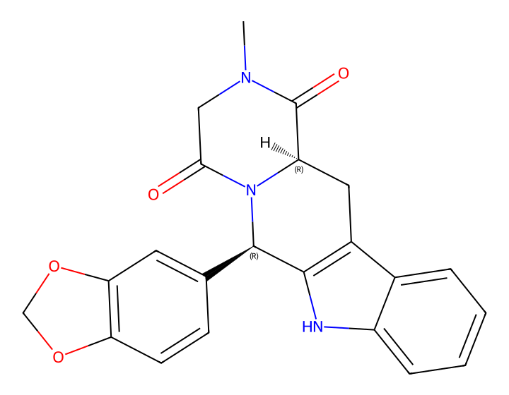 Structural formula of tadalafil, CAS 171596-29-5, showing the tetracyclic beta-carboline and piperazinedione framework with a benzodioxole substituent and both stereocentres labelled R, corresponding to the 6R,12aR configuration